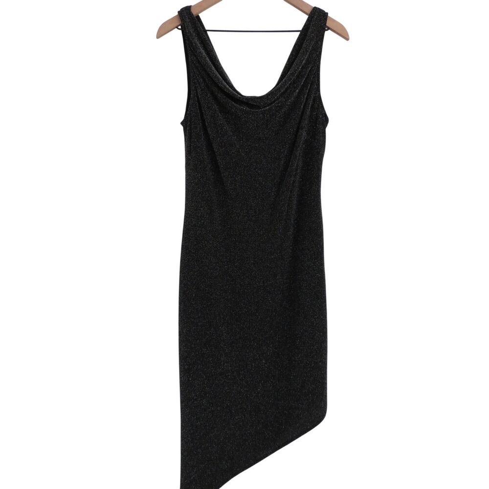 JS Boutique Sz 12 Black Silver Glitter Cowl Neck asymmetrical Hem Midi Dress